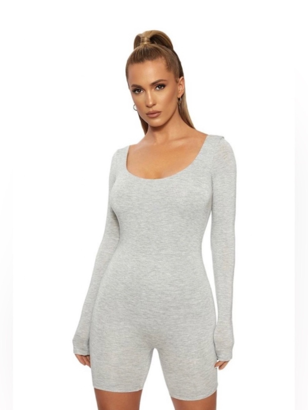 JLUXLABEL Scoop Neck Long Sleeve Slimming Bodycon Stretch Romper Heather Grey